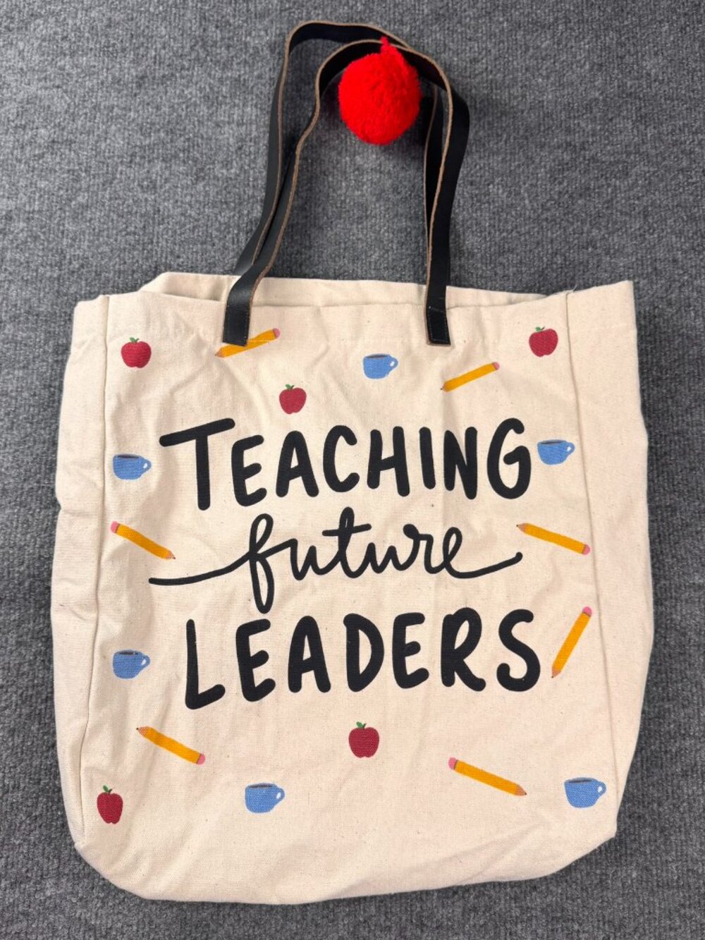 Teaching Future Leaders Canvas Tote Bag Red Pom Pom Teacher School Bag